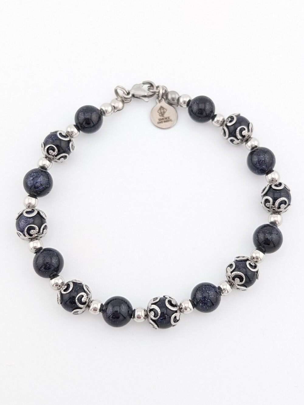 Blue Goldstone Silver Accents Bracelet - Artisan Handmade Gemstone Jewelry -D088